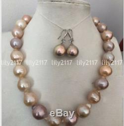 Beautiful Natural 13-14mm south sea baroque gold pink pearl necklace earring set