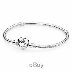 Beautiful Pandora PAVE Heart 100% Sterling Silver Snake Chain Bracelet WithPouch