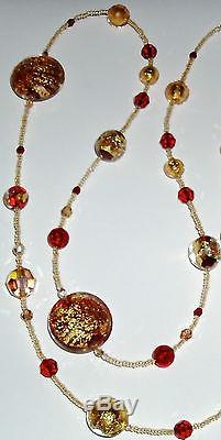 Beautiful Red and Gold Murano Glass Bead and Crystal Necklace