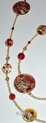 Beautiful Red and Gold Murano Glass Bead and Crystal Necklace