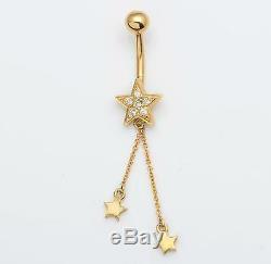 Beautiful Solid 14KT Y. G. Dangle Diamond Star Belly Navel Ring 14 Gauge. 08 cts