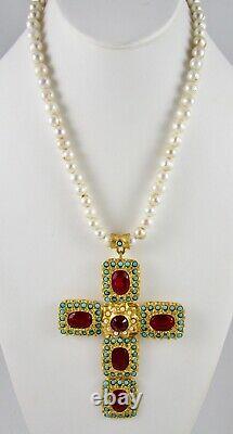 Beautiful Turkish Gilt Bronze Turquoise Pearl Gemstone Cross Necklace