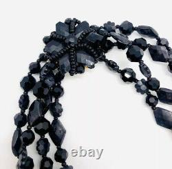 Beautiful VENDOME 4 Strand Jet Black Glass Beaded Necklace Vintage Jewelry