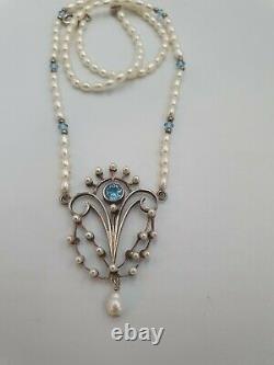 Beautiful Vintage Art Nouveau Style Solid Silver Pearl & Aquqmarine Necklace
