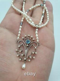 Beautiful Vintage Art Nouveau Style Solid Silver Pearl & Aquqmarine Necklace