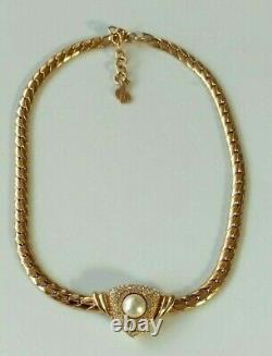 Beautiful Vintage Christian Dior Choker Necklace Gold Tone Rhinestone Faux Pearl
