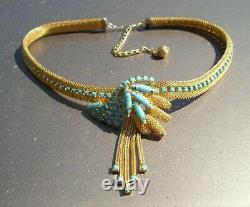 Beautiful Vintage Unsigned Hobe Gold Mesh Blue Glass Rhinestone drop Necklace