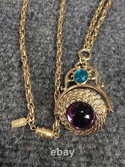 Beautiful Vtg 1928 green Purple Gripoix 2 sides pendant gold tone Necklace