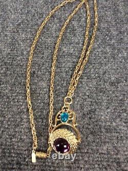 Beautiful Vtg 1928 green Purple Gripoix 2 sides pendant gold tone Necklace