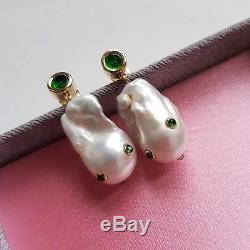 Beautiful natural baroque pearls green rhinestones earrings very Celine look