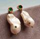 Beautiful Natural Baroque Pearls Green Rhinestones Earrings Very Celine Look