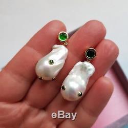 Beautiful natural baroque pearls green rhinestones earrings very Celine look