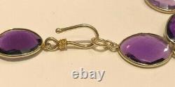 Bezel Set Amethyst Link Necklace, Royal Purple, Hook, Estate, Sterling Silver SS