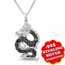 Black Spinel Dragon Pendant Necklace 14k White Gold Plated 925 Sterling Silver