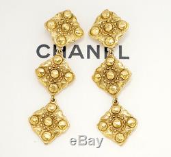 CHANEL 3 Charm Dangle Earrings Gold Tone Vintage withBOX #2240