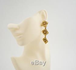 CHANEL 3 Charm Dangle Earrings Gold Tone Vintage withBOX #2240