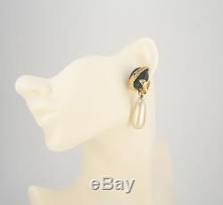 CHANEL Black Gripoix Stone dangle Earrings Gold Clip-On Vintage withBOX #1910
