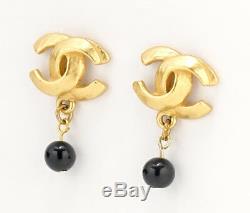 CHANEL CC Black Stones Dangle Earrings Gold tone 00T withBOX #1901