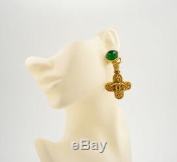 CHANEL CC Green Gripoix Cross dangle Earrings Gold Clip-On Vintage withBOX v1687