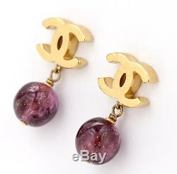 CHANEL CC Gripoix stone Stud Earrings Gold tone Purple B11A withBOX #798