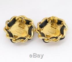 CHANEL CC Jumbo Black Leather Round Earrings Gold Vintage 93P withBOX v1770