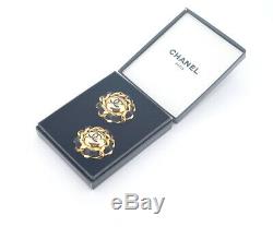 CHANEL CC Jumbo Black Leather Round Earrings Gold Vintage 93P withBOX v1770
