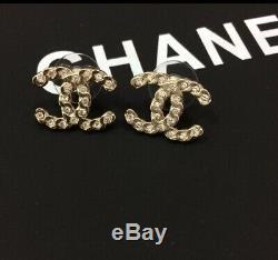 CHANEL CC Logo Classic Stud Earrings Crystal Gold Tone
