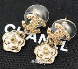 CHANEL CC Logos Camellia Dangle Earrings Crystal & Gold Tone 11P withBOX #2442