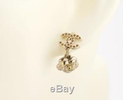 CHANEL CC Logos Camellia Dangle Earrings Crystal & Gold Tone 11P withBOX #2442