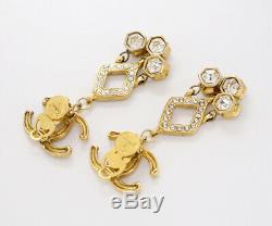 CHANEL CC Logos Crystal Dangle Earrings Gold & Rhinestone NN