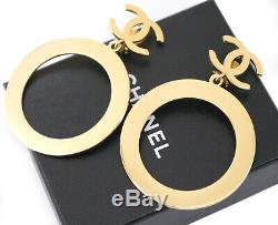 CHANEL CC Logos Dangle Earrings Gold Tone Hoops Clips Vintage withBOX v1792