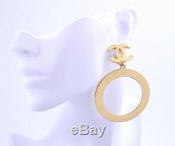 CHANEL CC Logos Dangle Earrings Gold Tone Hoops Clips Vintage withBOX v1792