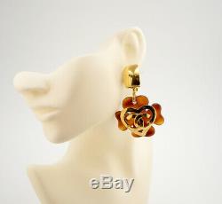 CHANEL CC Logos Heart Flower Dangle Earrings Brown Resin withBOX v1773