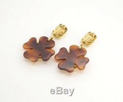 CHANEL CC Logos Heart Flower Dangle Earrings Brown Resin withBOX v1773