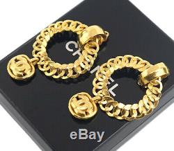 CHANEL CC Logos Hoop Chain Dangle Earrings Gold Tone Clip-On 96P withBOX