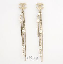CHANEL CC Logos Pearl Chain Dangle Earrings Gold Tone A18A withBOX v1141