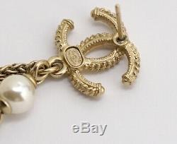 CHANEL CC Logos Pearl Chain Dangle Earrings Gold Tone A18A withBOX v1141
