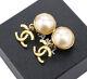 Chanel Cc Logos Pearl Dangle Earrings Gold Tone Vintage 93a Withbox