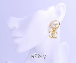 CHANEL CC Logos Pearl Dangle Earrings Gold Tone Vintage 93A withBOX