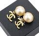 Chanel Cc Logos Pearl Dangle Earrings Gold Tone Vintage 95p Withbox