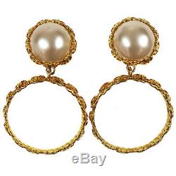CHANEL CC Logos Pearl Earrings Clip-On Gold 2 8 France Vintage Authentic #U448 M
