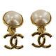Chanel Cc Logos Pearl Earrings Clip-on Gold 94p France Vintage Authentic #y166 W