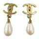 Chanel Cc Logos Pearl Earrings Clip-on Gold 95p France Vintage Authentic #z384 M