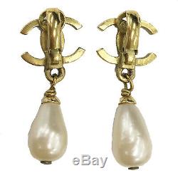 CHANEL CC Logos Pearl Earrings Clip-On Gold 95P France Vintage Authentic #Z384 M