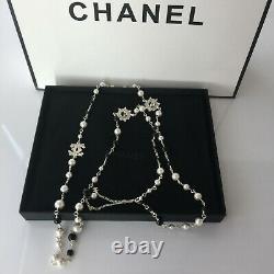 CHANEL CC Logos Pearl Necklace Black and White 52 inch long withBOX