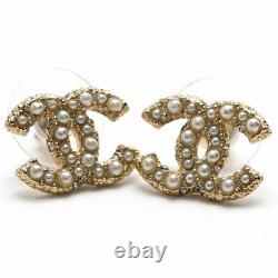 CHANEL CC Logos Pearl Stud Earrings Gold tone withBOX excellent