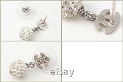 CHANEL CC Logos Rhinestone Ball Dangle Earrings Crystal & Silver withBOX v796