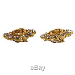 CHANEL CC Logos Rhinestone Earrings Clip-On 29 Gold France Vintage Auth #Z513 I