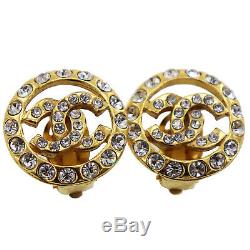 CHANEL CC Logos Rhinestone Earrings Clip-On Gold France Vintage Auth #Y247 M