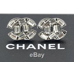CHANEL CC Logos Rhinestone Stud Earrings Silver Tone 01P withBOX v1085